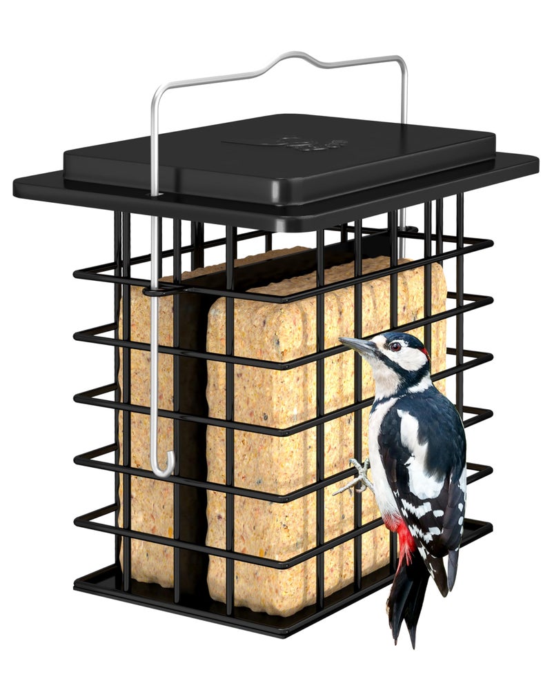 مغذيات الطيور من iBorn Suet Feeder [سعة مزدوجة] للتعليق الخارجي مع شبكة أطول لنقار الخشب المعدني الأسود (عبوة من 1) - Image 1